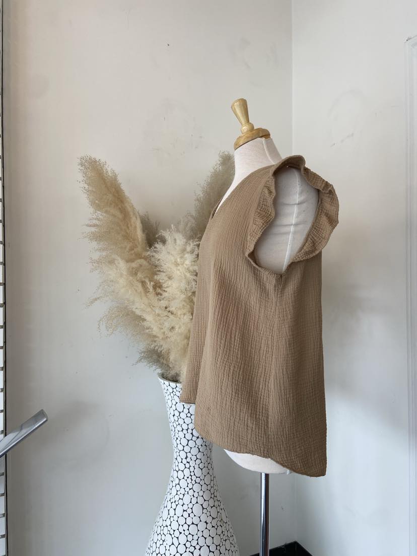 Ames Ruffle Sleeve Top ~ Camel