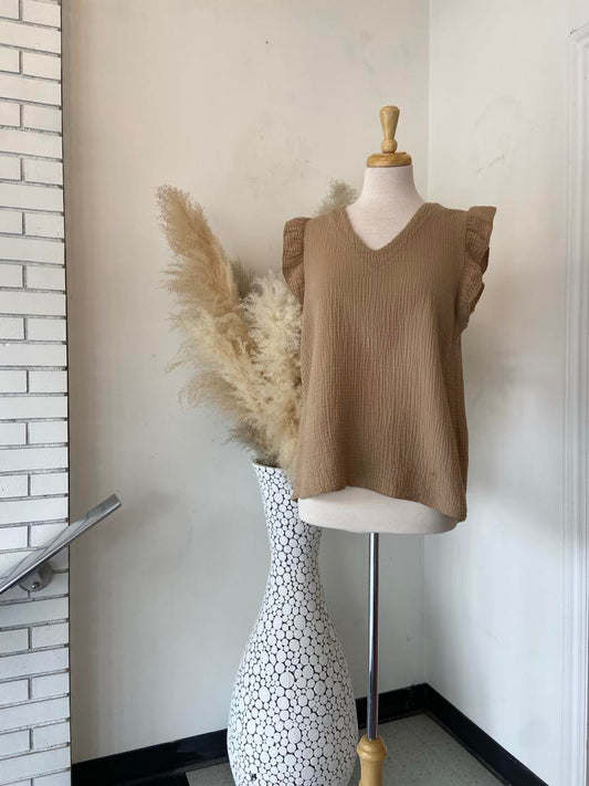 Ames Ruffle Sleeve Top ~ Camel