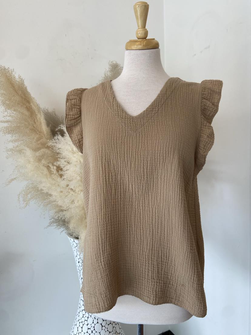 Ames Ruffle Sleeve Top ~ Camel