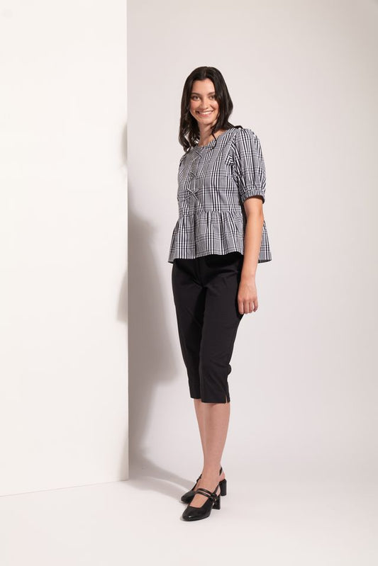 Puff Sleeve Peplum Top - Black Check