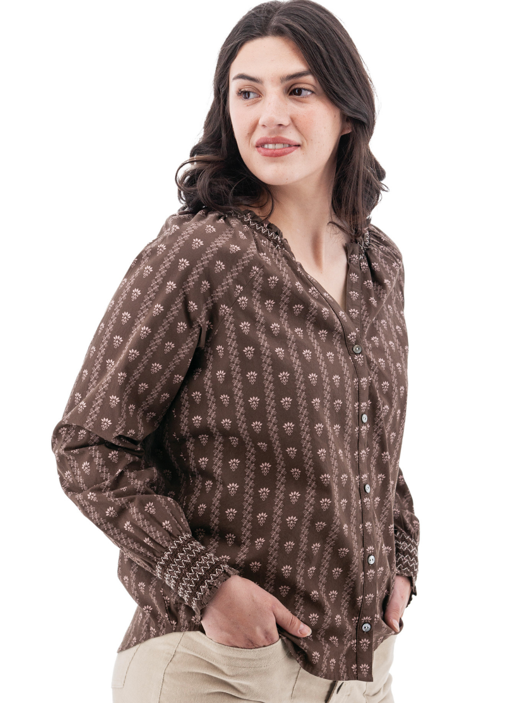 Lise Smocked Cuff Top ~ Chestnut