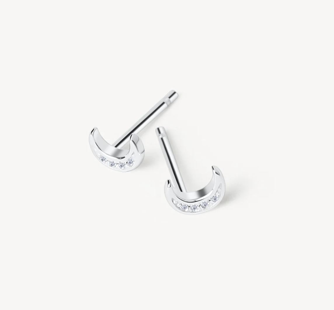 Silver Mini Pavé Lunar Stud Earrings