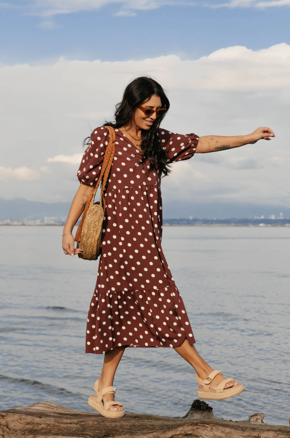 Lucy Polka Dot Midi Dress ~ Brown