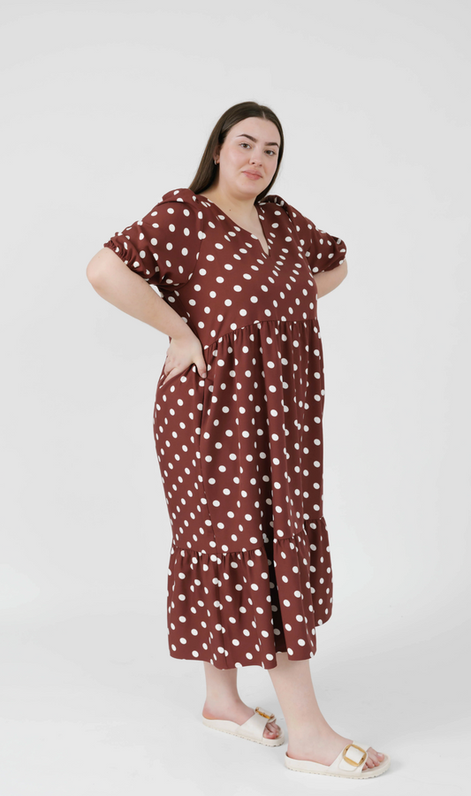 Lucy Polka Dot Midi Dress ~ Brown