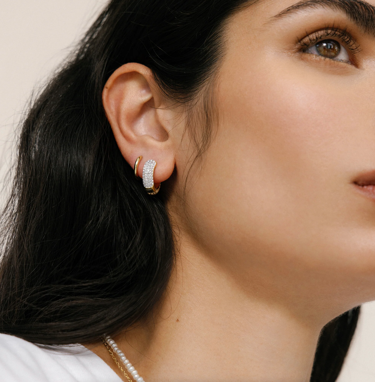 White/Soft Gold Sparkle Hoop Earrings ~ Small