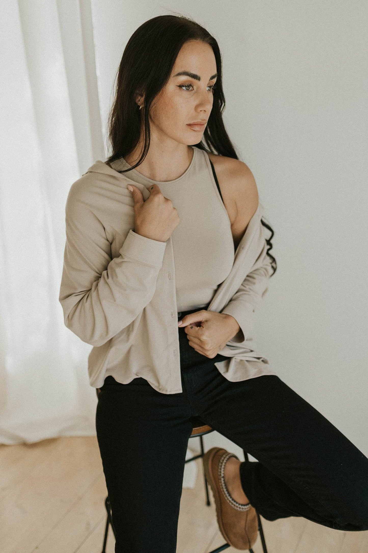 Ladies Button Up Top: Bone