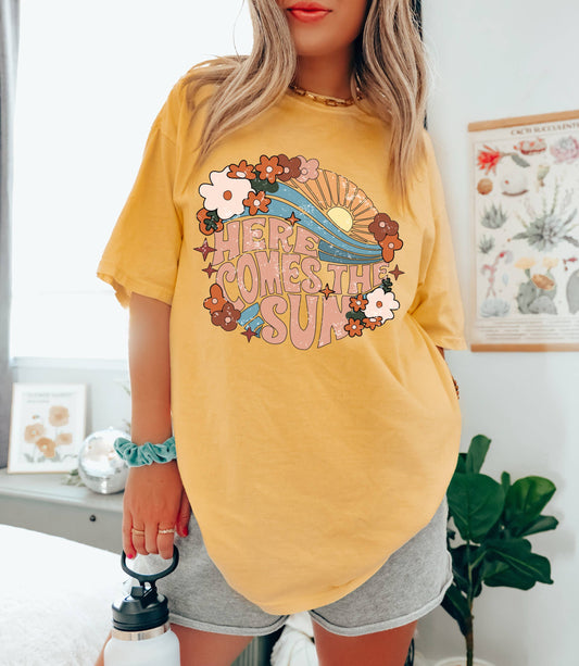 Retro Here Comes The Sun Tee: Mustard