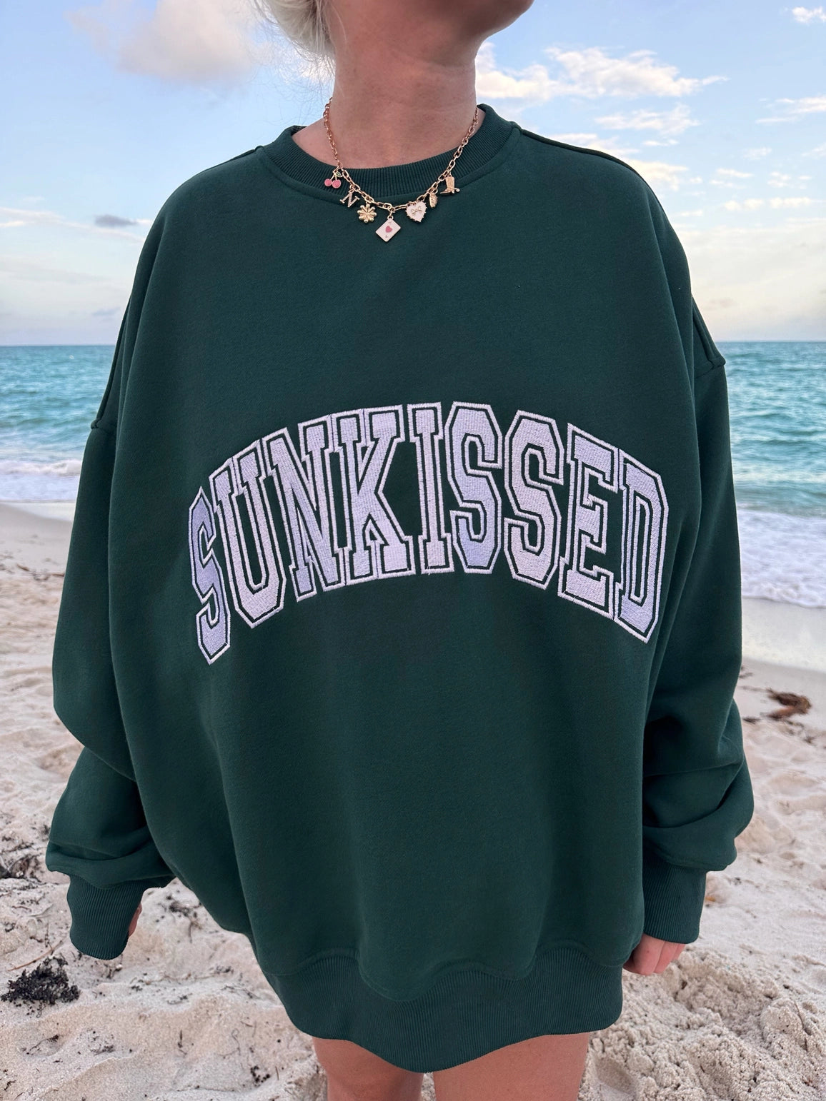 Winter Green Sunkissed Varsity Embroidered Sweatshirt
