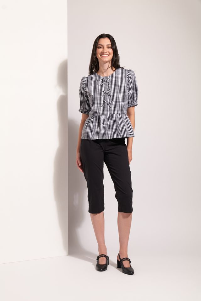 Puff Sleeve Peplum Top - Black Check
