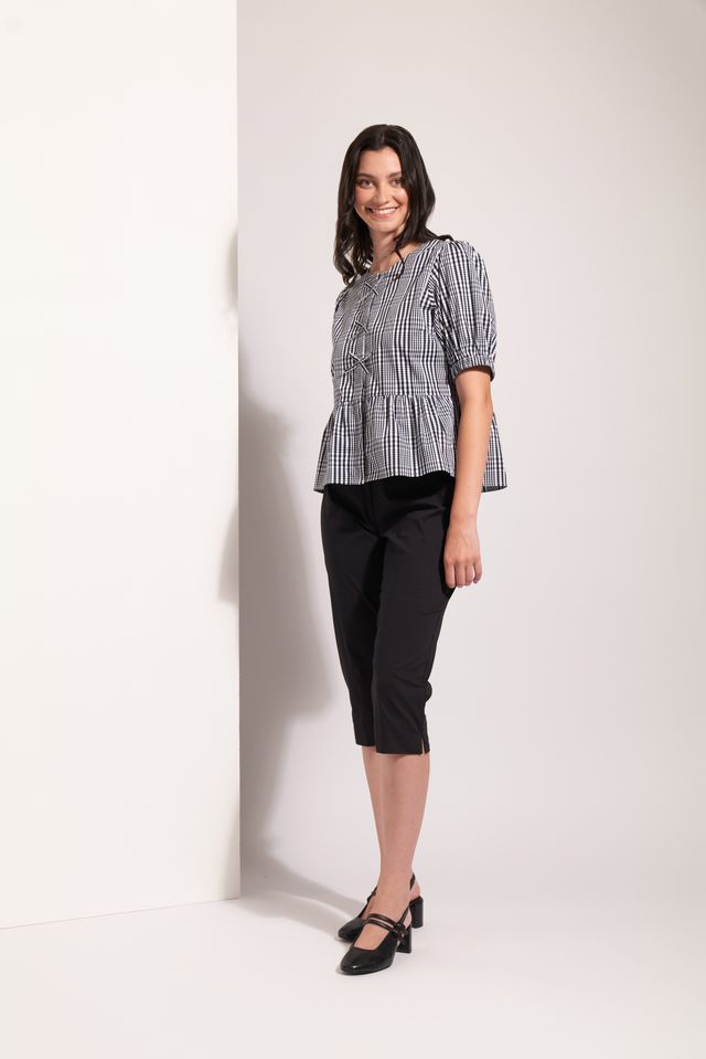 Puff Sleeve Peplum Top - Black Check