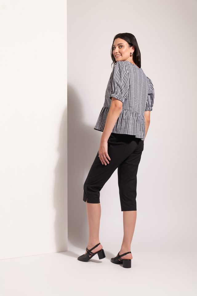Puff Sleeve Peplum Top - Black Check