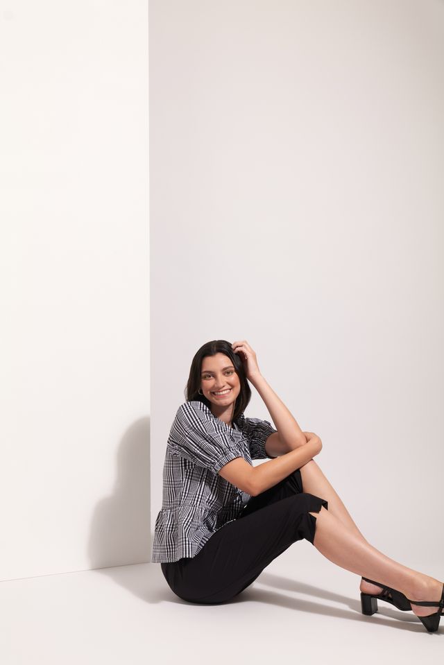 Puff Sleeve Peplum Top - Black Check