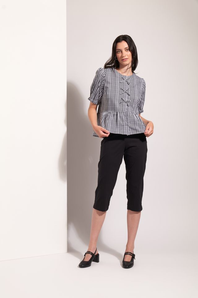 Puff Sleeve Peplum Top - Black Check