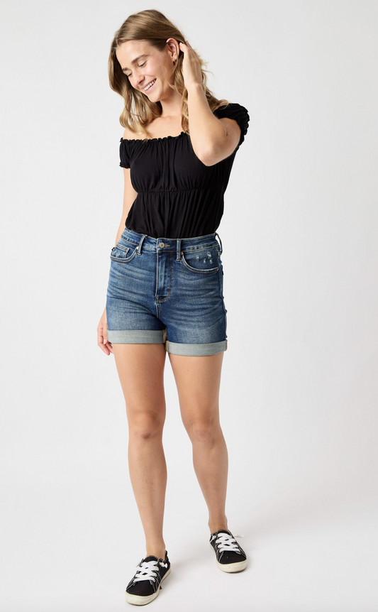 Margo Tummy Control Vintage Wash Cuffed Shorts ~ Size S