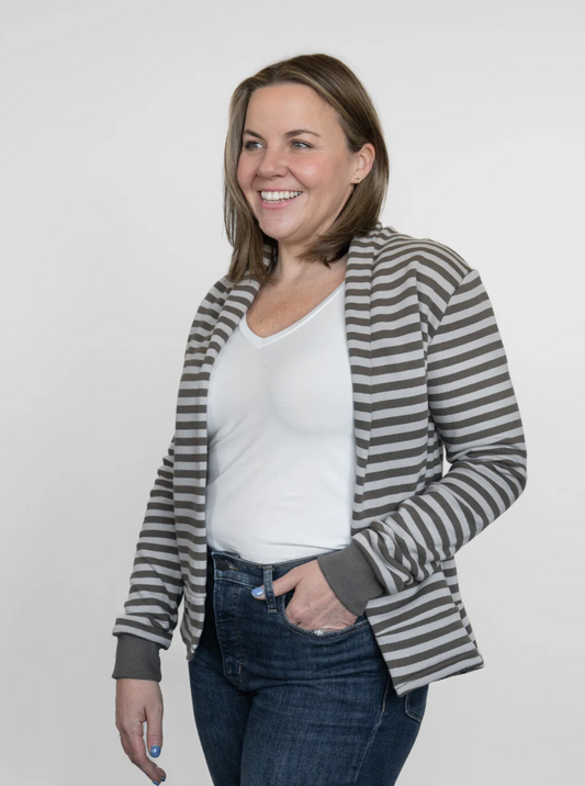 Classic Spruce Cardi ~ Stone/Clay Stripe