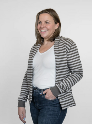 Open image in slideshow, Classic Spruce Cardi ~ Stone/Clay Stripe
