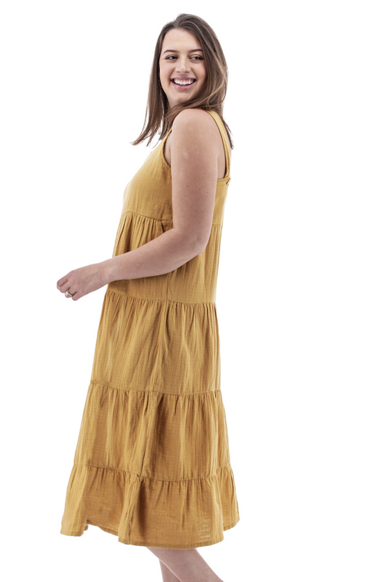 Kelford Tiered Midi Dress ~ Amber Gold