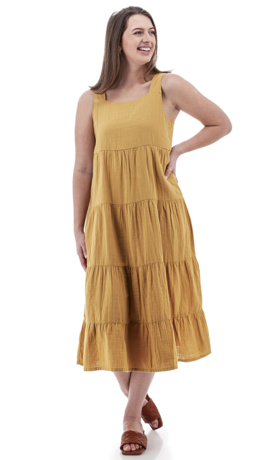 Kelford Tiered Midi Dress ~ Amber Gold