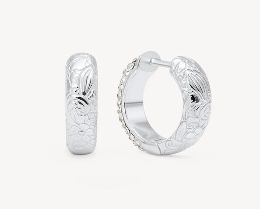 Etched Floral Sparkle Reversible Hoop Earrings