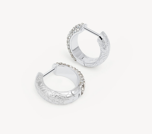 Etched Floral Sparkle Reversible Hoop Earrings - Silver