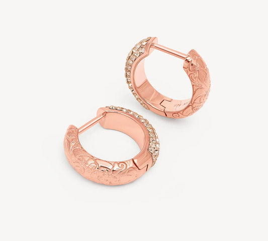 Etched Floral Sparkle Reversible Hoop Earrings - Rose Gold