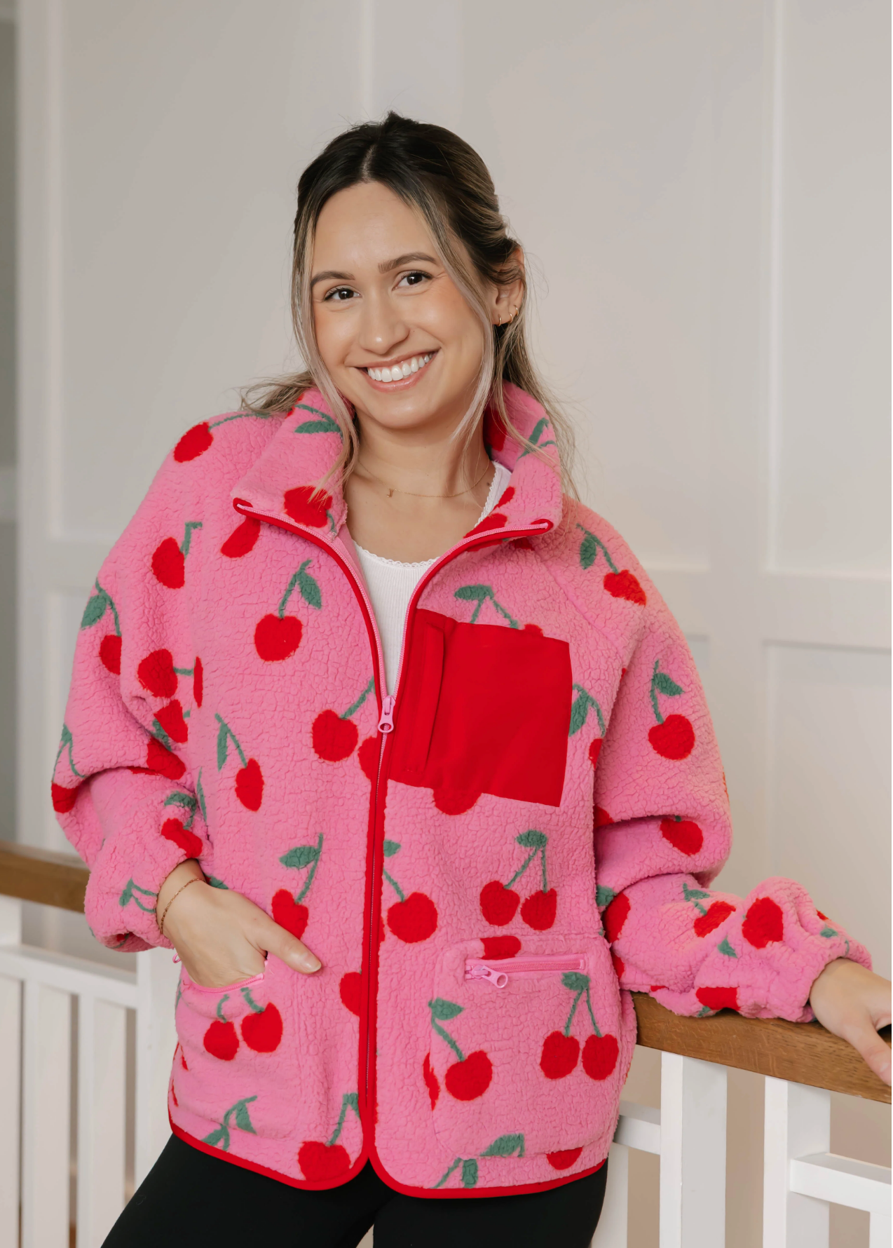 Teddy Zip Up Jacket ~ Pink/Red Cherry