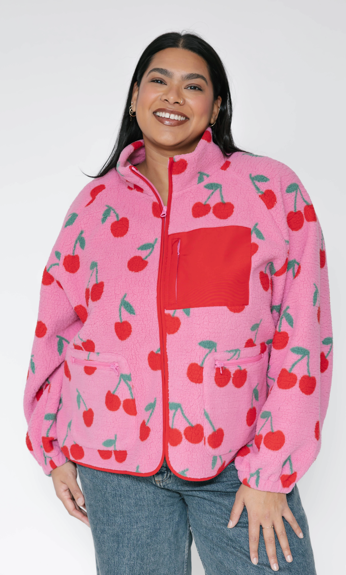 Teddy Zip Up Jacket ~ Pink/Red Cherry