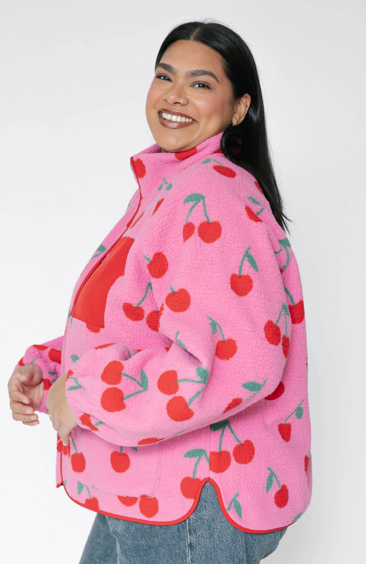 Teddy Zip Up Jacket ~ Pink/Red Cherry