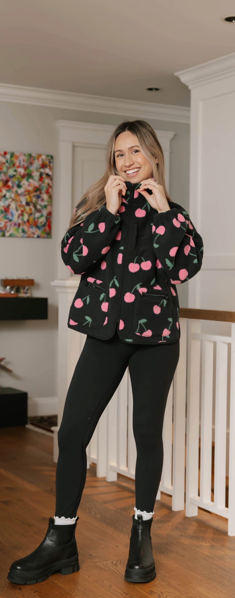 Teddy Zip Up Jacket ~ Black/Pink Cherry