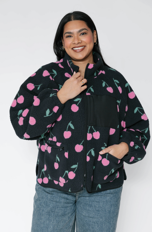 Teddy Zip Up Jacket ~ Black/Pink Cherry