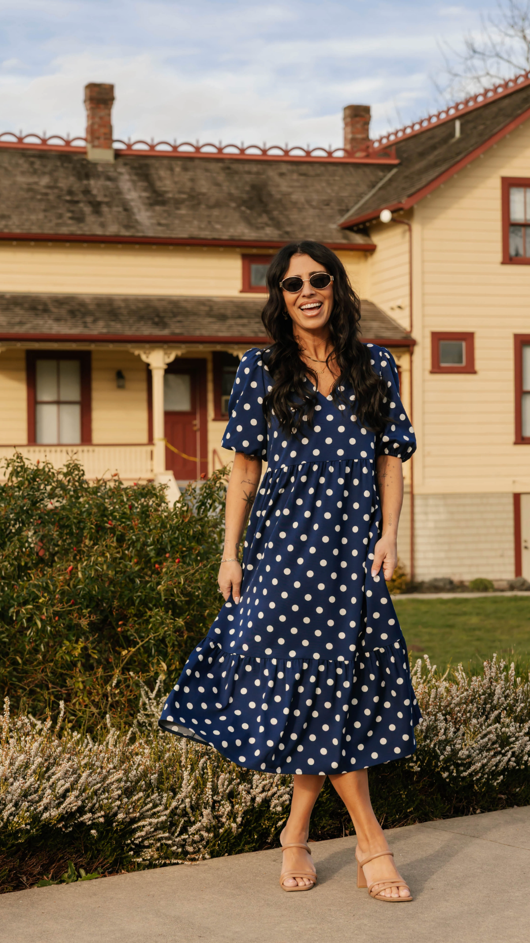 Lucy Polka Dot Midi Dress ~ Navy