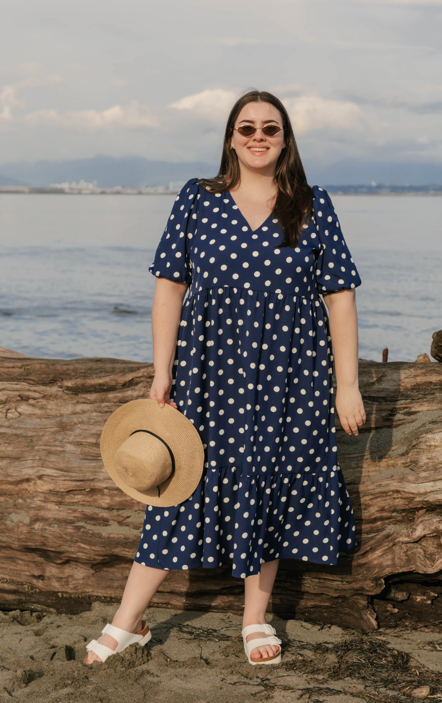 Lucy Polka Dot Midi Dress ~ Navy