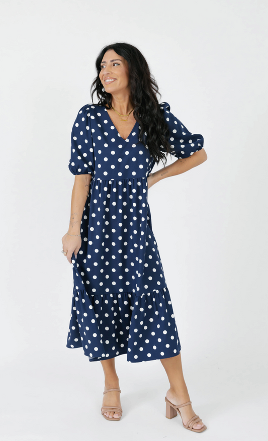 Lucy Polka Dot Midi Dress ~ Navy