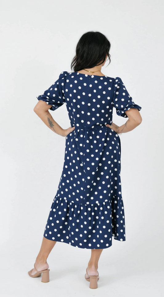 Lucy Polka Dot Midi Dress ~ Navy