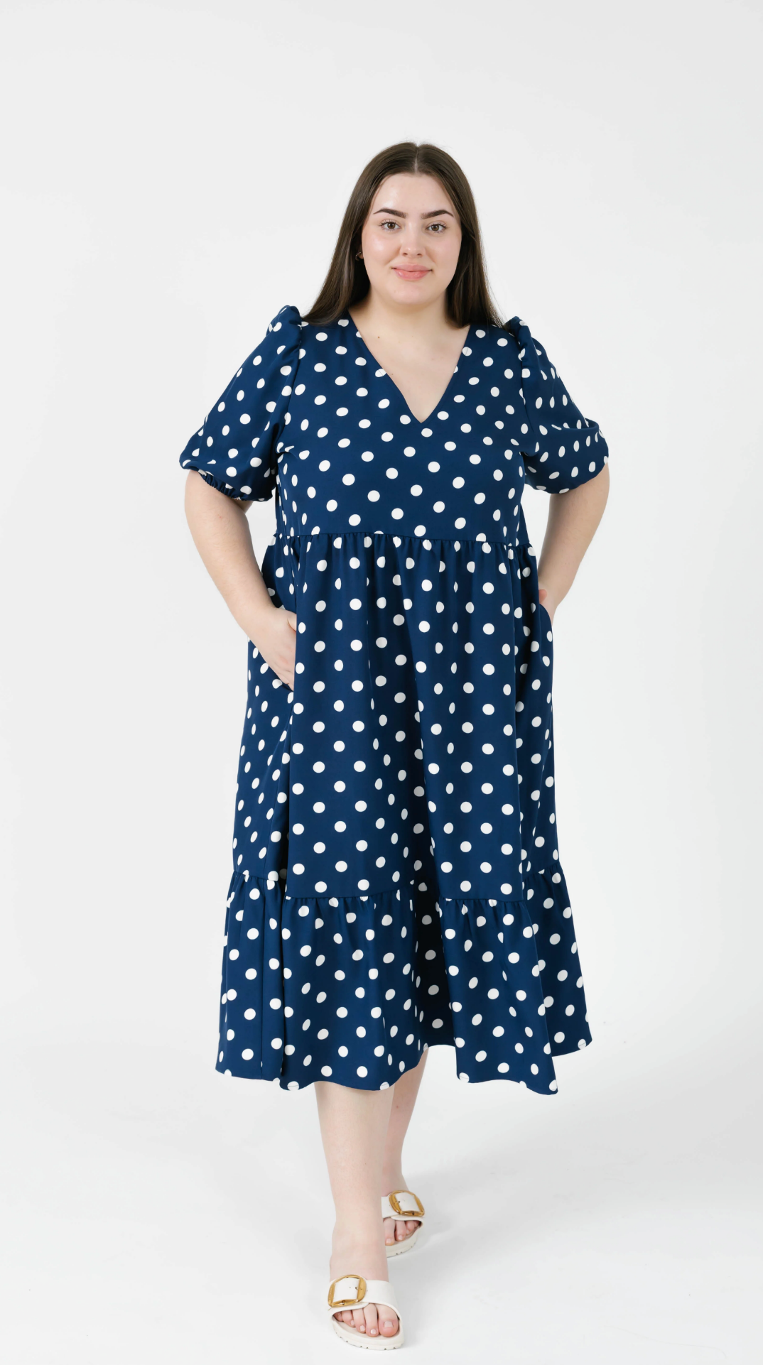 Lucy Polka Dot Midi Dress ~ Navy