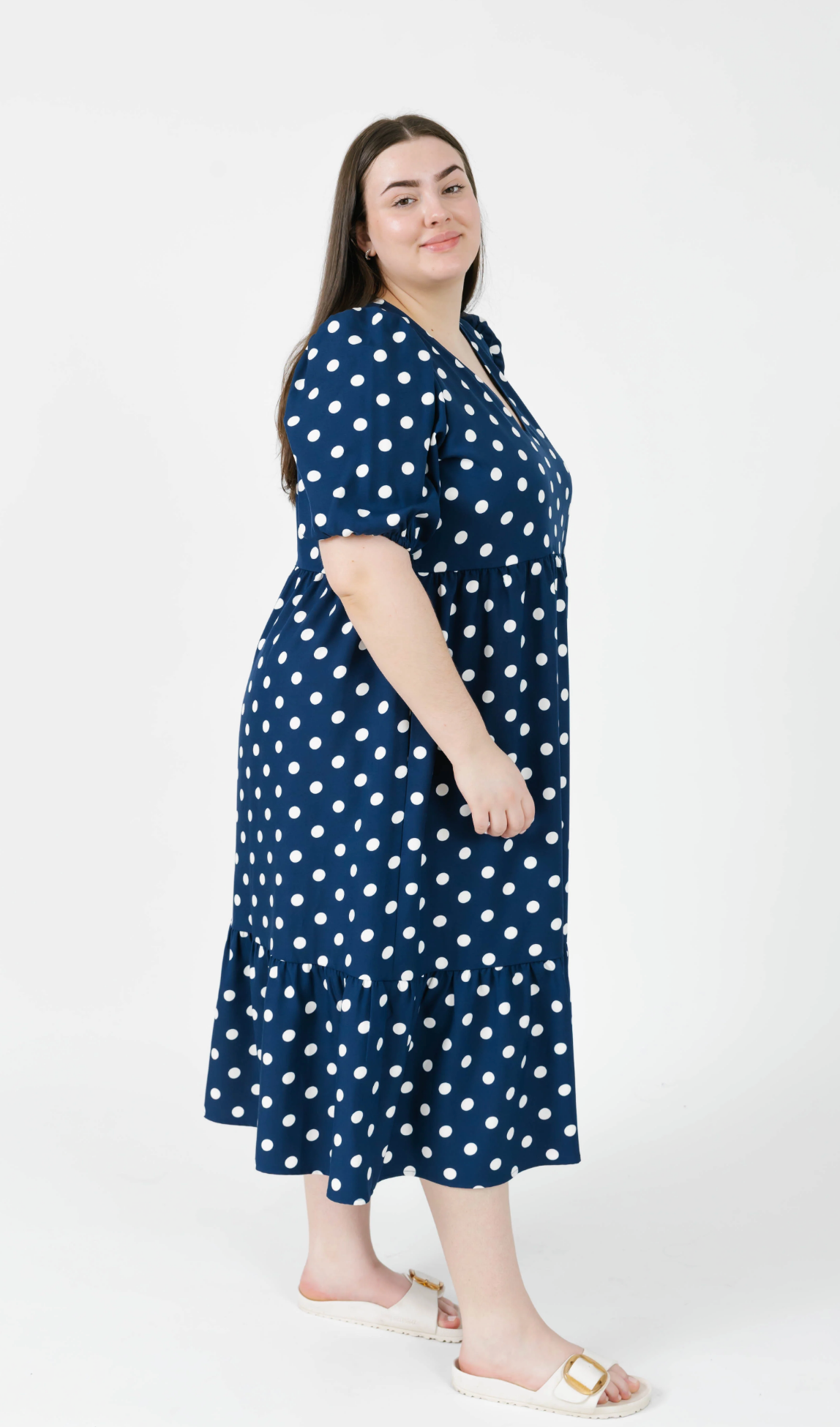 Lucy Polka Dot Midi Dress ~ Navy