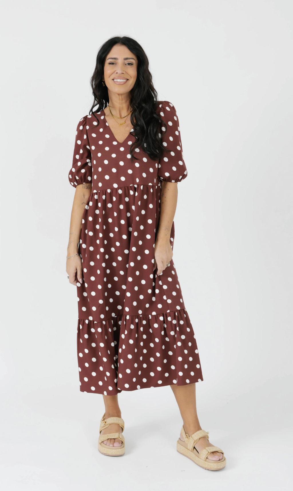 Lucy Polka Dot Midi Dress ~ Brown