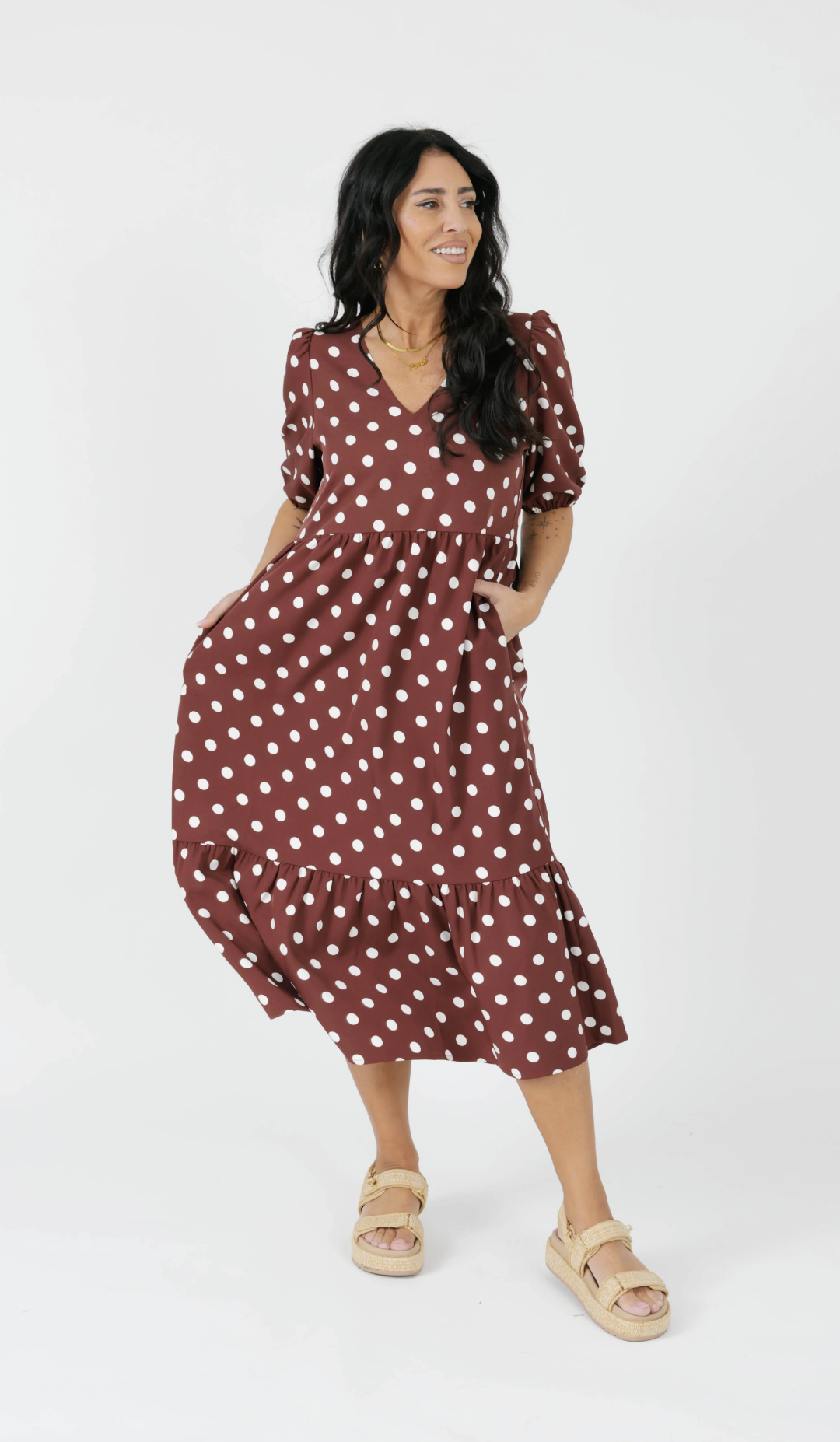 Lucy Polka Dot Midi Dress ~ Brown