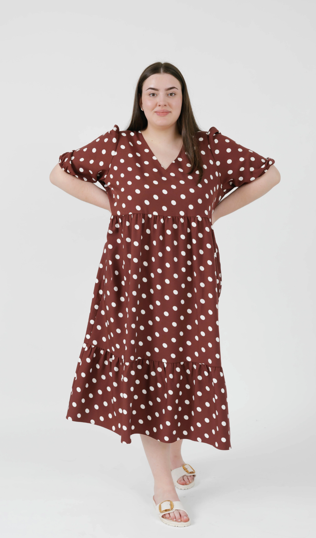 Lucy Polka Dot Midi Dress ~ Brown