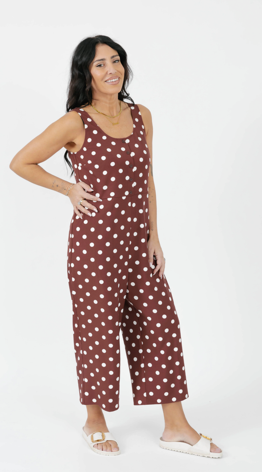 Lucy Polka Dot Cropped Romper ~ Brown