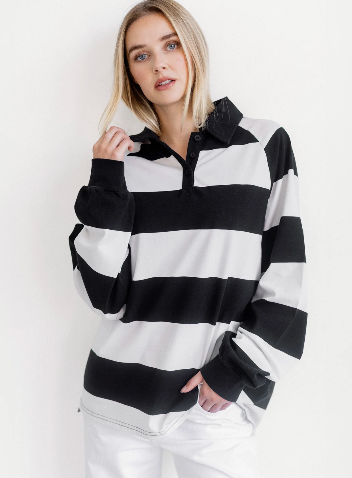 Classic Rugby Polo ~ White & Washed Black Stripe