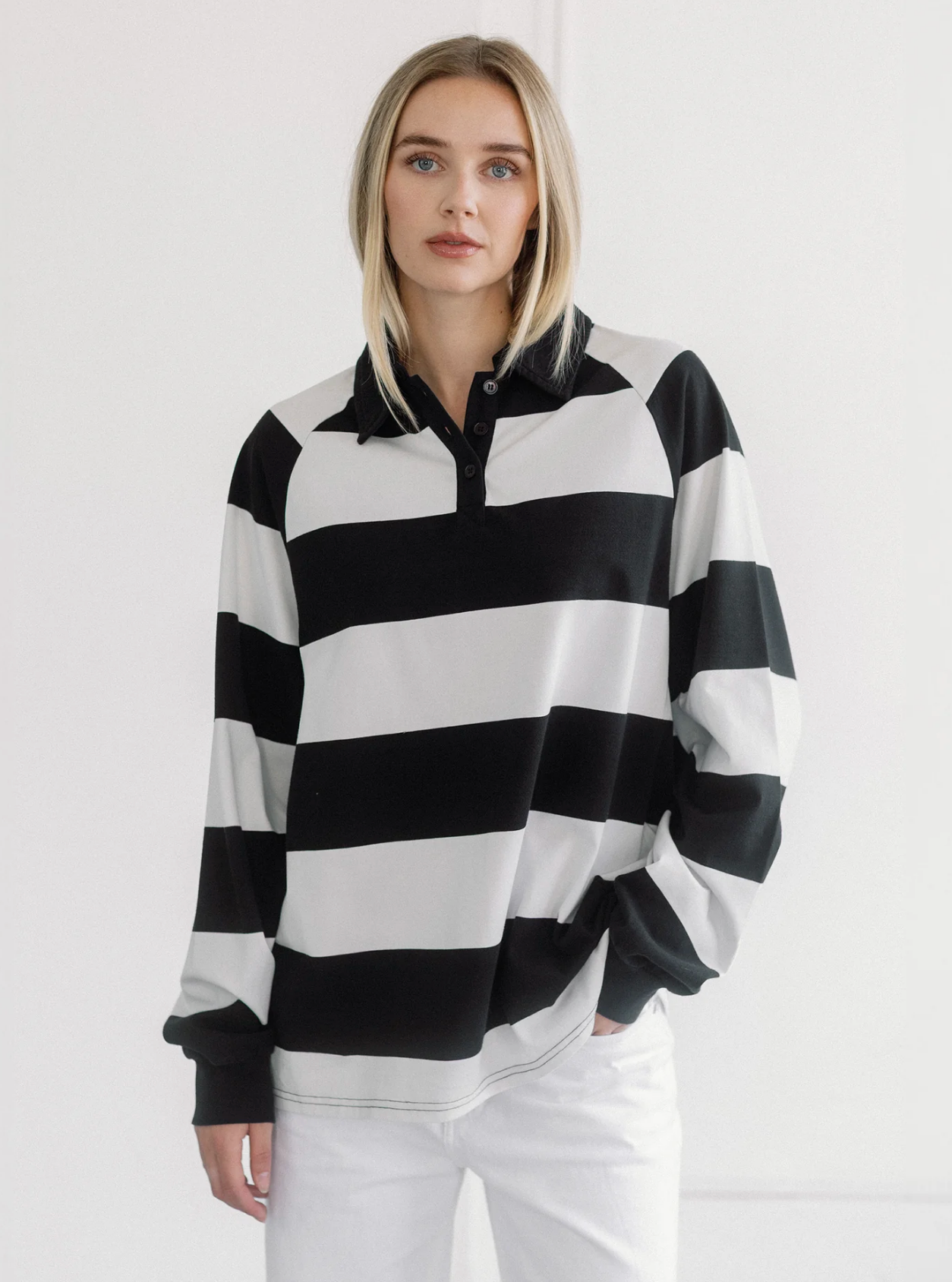Classic Rugby Polo ~ White & Washed Black Stripe