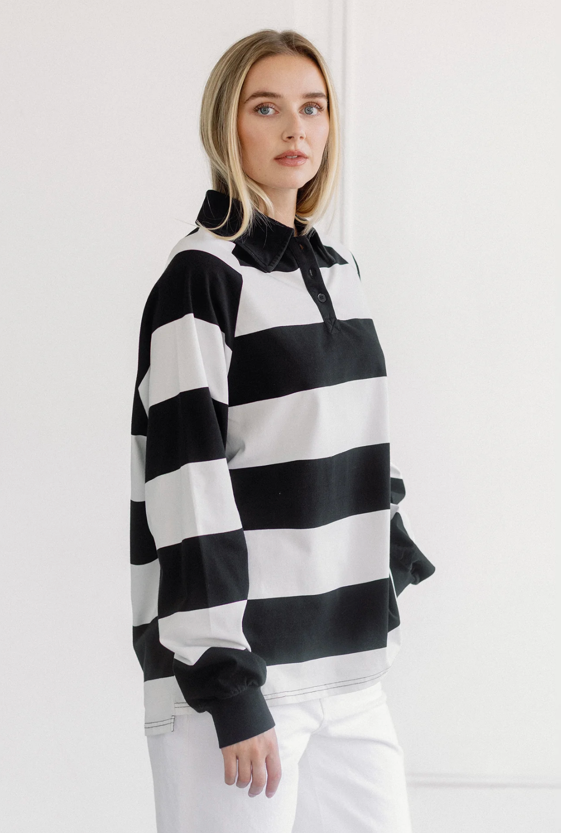 Classic Rugby Polo ~ White & Washed Black Stripe