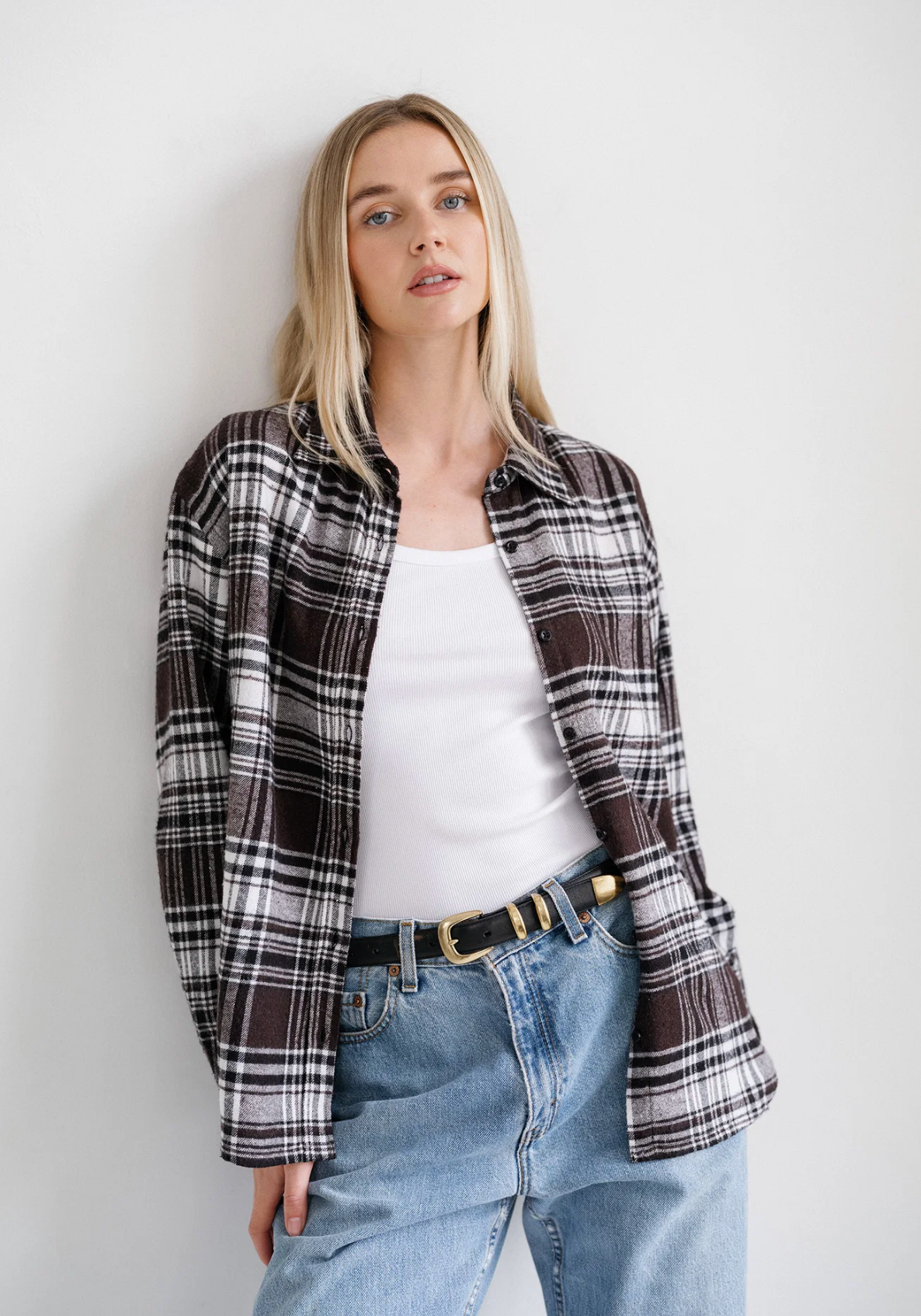 Plaid Button Up Shirt ~ Dark Brown & White