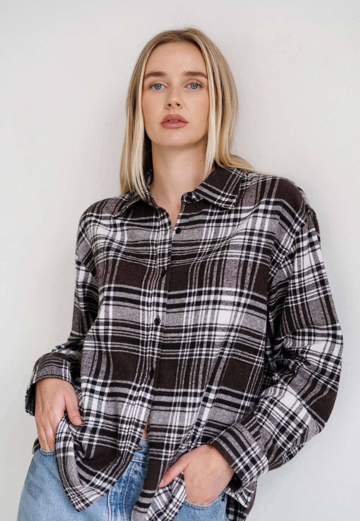 Plaid Button Up Shirt ~ Dark Brown & White