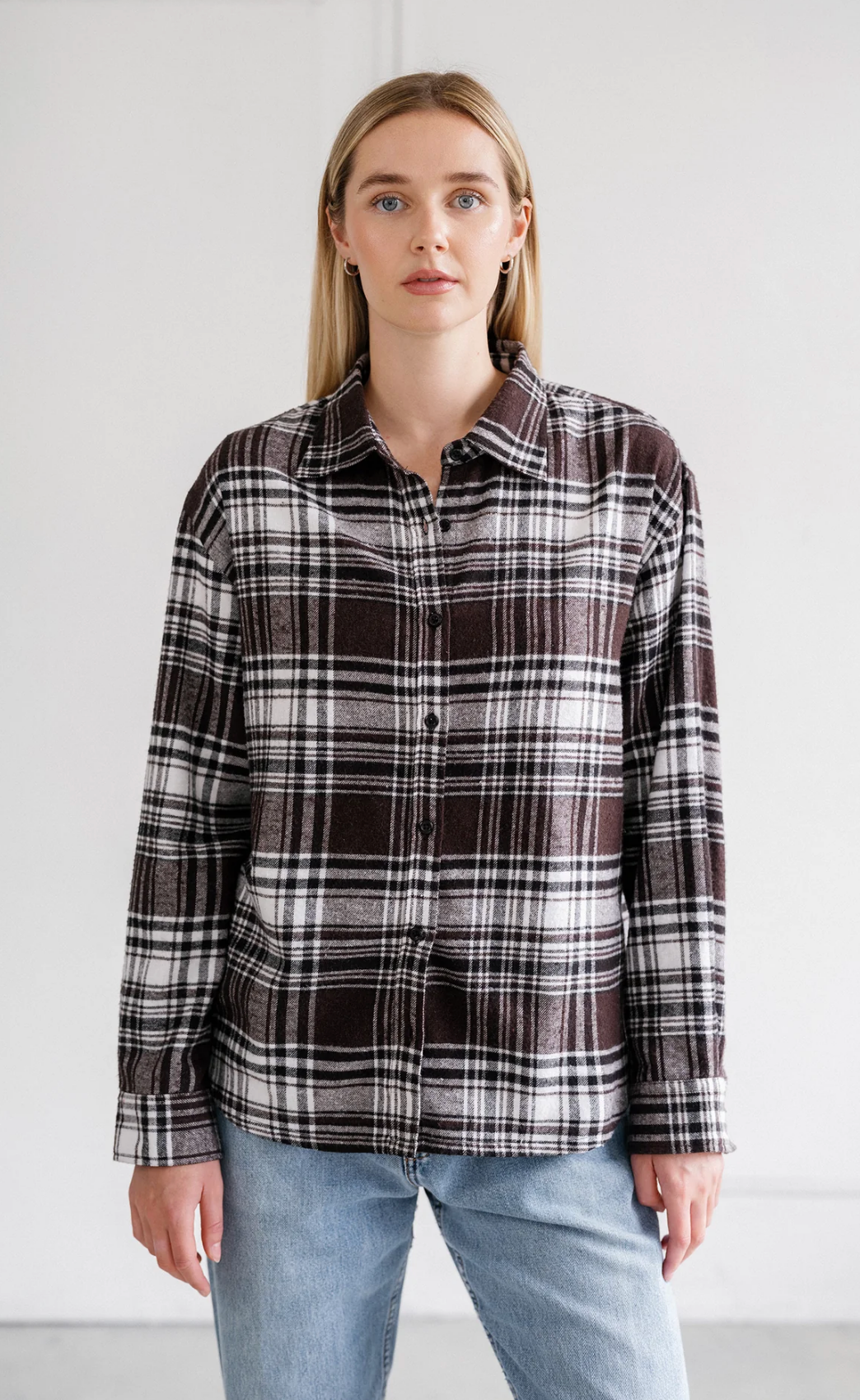 Plaid Button Up Shirt ~ Dark Brown & White