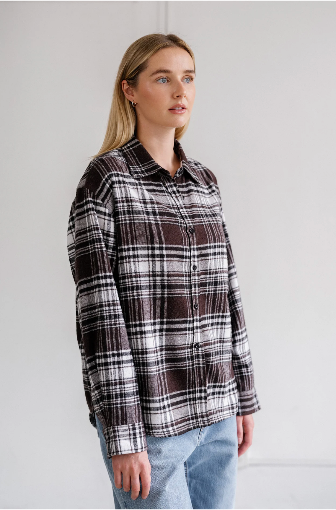Plaid Button Up Shirt ~ Dark Brown & White