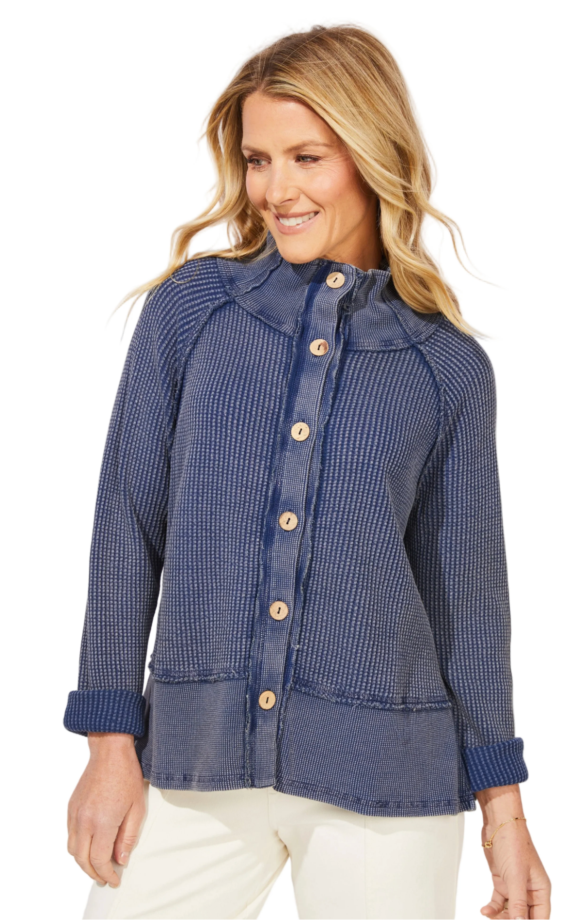 Button Waffle Mock Neck