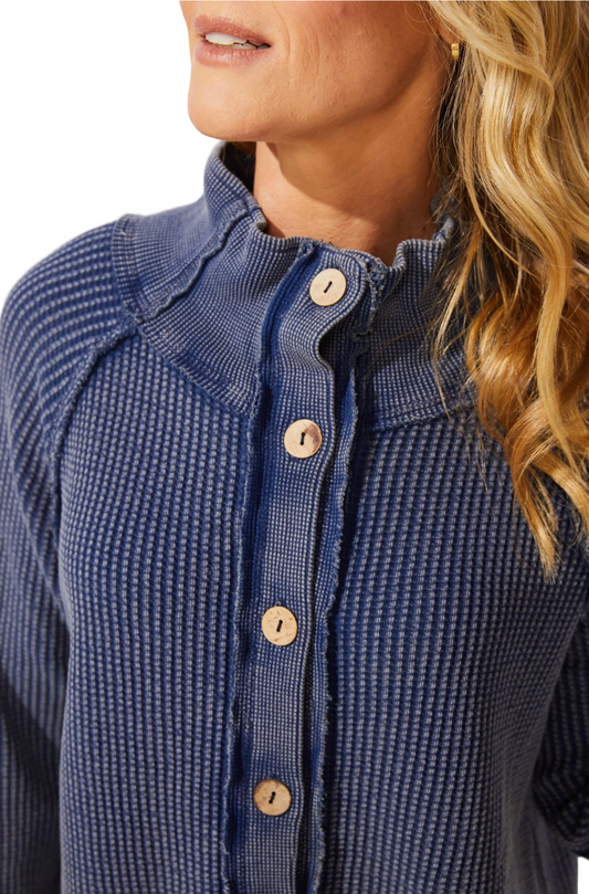 Button Waffle Mock Neck