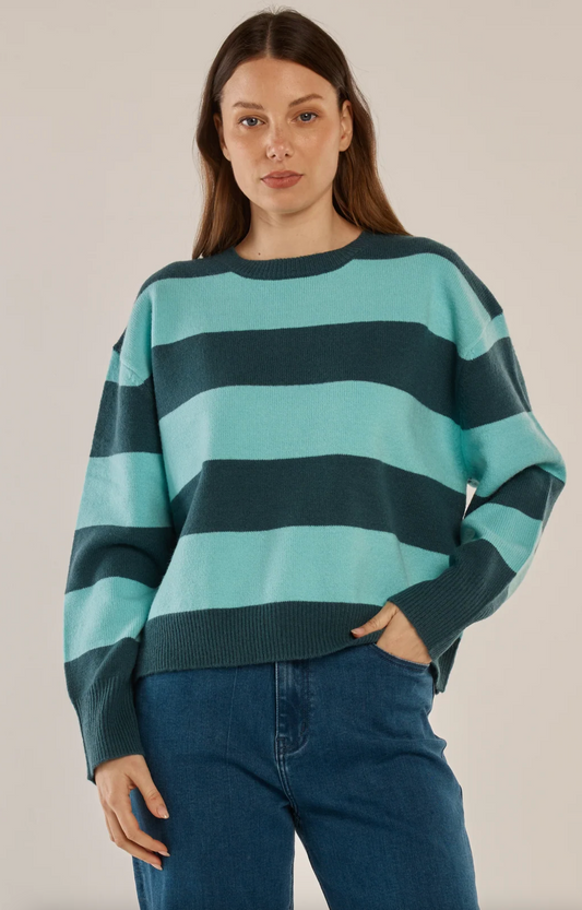 Leonie Knit Sweater ~ Teal Green/Blue Stipe